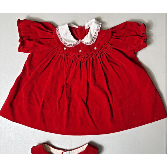 Vintage Baby Dress Red Velvet Christmas Size 12 Months Holiday Smocked 1980s EUC - Picture 2 of 13